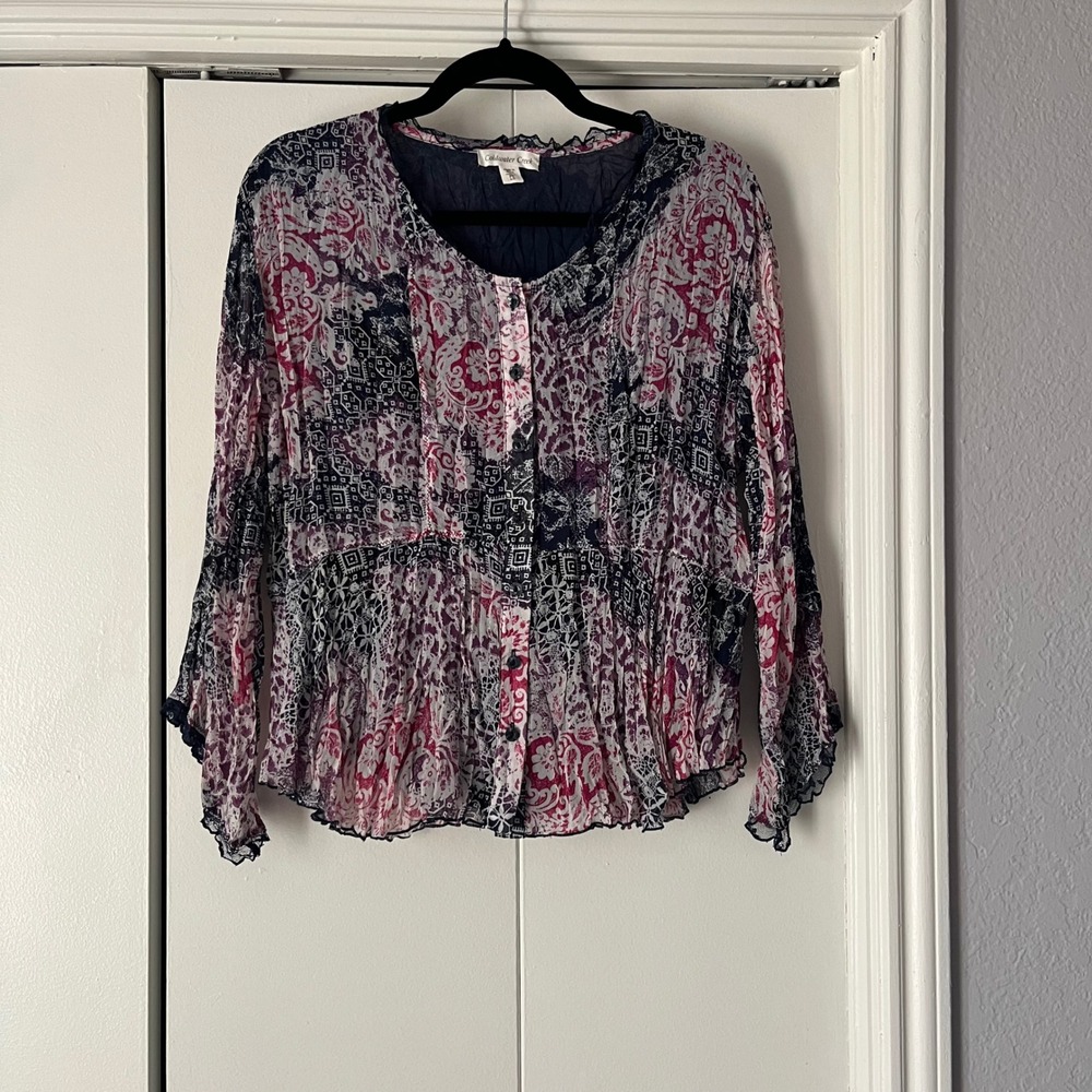 Coldwater Creek Blouse PS Petite Small Pink Blue‎ Floral Button Down Top
